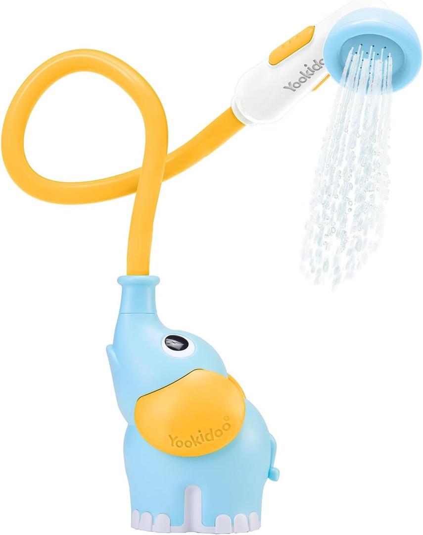 Yookidoo Baby Bath Shower Head  Elephant Water Pump with Trunk Spout Sprayer & Rinser, Dual Knob Flow Control, Bath Time Essential for Newborns, Tub or Sink (Blue & Orange)