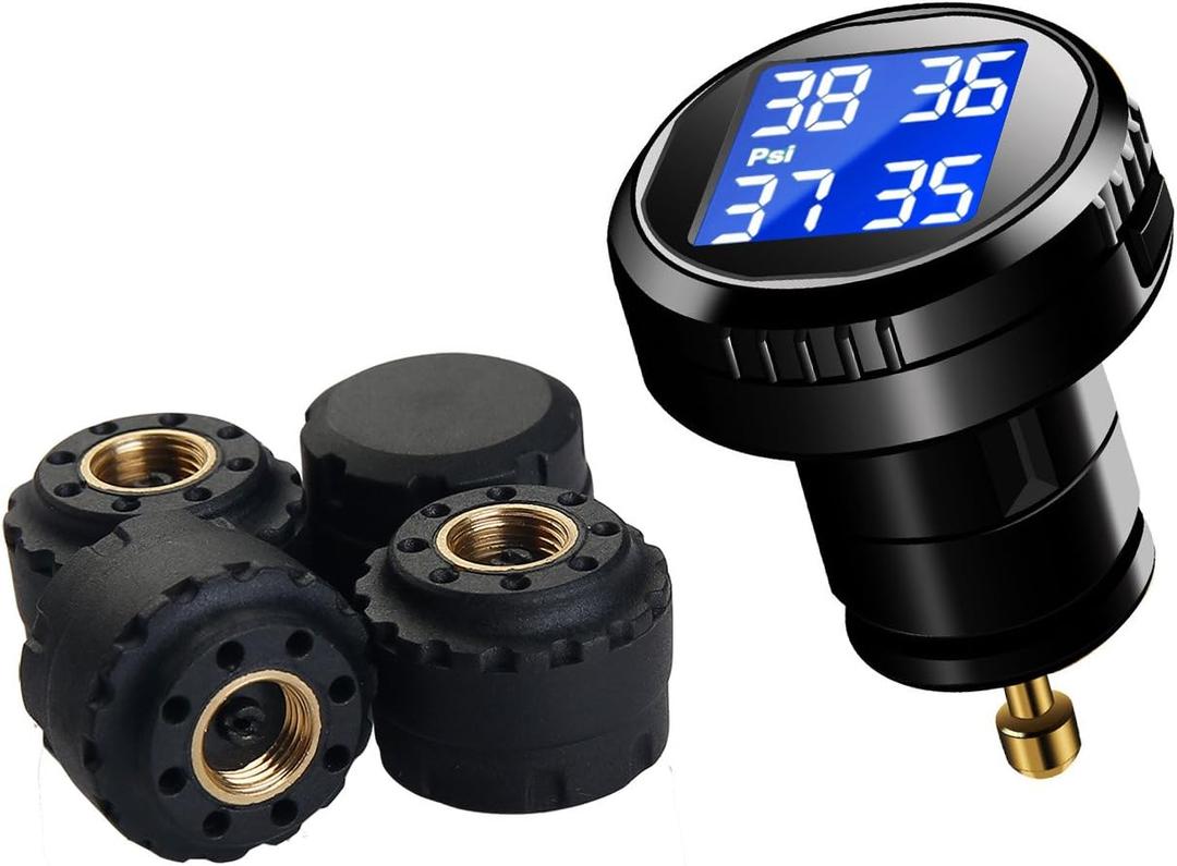 VESAFE Wireless Tire Pressure Monitoring System (TPMS) for Small Size 4-tire Vehicles, Including 4 External Cap sensors (0-87PSI) (round display)