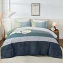 WONGS BEDDING Comforter Set Queen Size, Blue Striped Patchwork Comforter for Queen Bed,3 Pieces (1 Comforter+2 Pillowcases) Soft Microfiber Bedding Set for All Season (90"x90")
