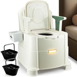 Bedside Commode, 880lbs Heavy Duty & Upgraded Commode Toilet Potty Chair, Portable Camping Toilet, Detachable Armrests, Automatic LED Light, 2-Level Height, 3 Rolls of Commode Liners Green