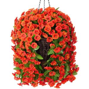 Artificial Fake Hanging Flowers Plants Baskets for Outdoor Fall Decoration, Faux Silk Orange Morning Glory in Planter UV Resistant Look Real for Home Porch Patio Balcony Yard Decor