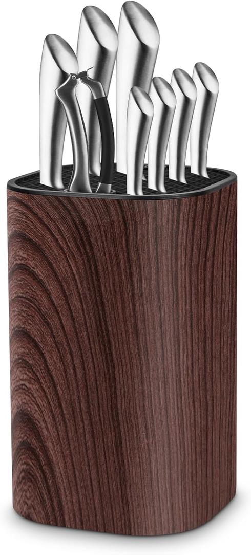 Qoosea Knife Block Without Knives Large Volume with Scissors Slot Sharpening Rod Slot Universal Knife Holder Easy Cleaning Detachable Knife Storage Space Saver for Kitchen Wood Color