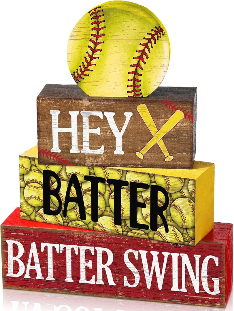 4 Pcs Softball Decoration Softball Table Centerpieces Farmhouse Softball Wooden Signs Softball Tiered Tray Decor Rustic Softball Decor for Home Room Office Desk Party Supplies