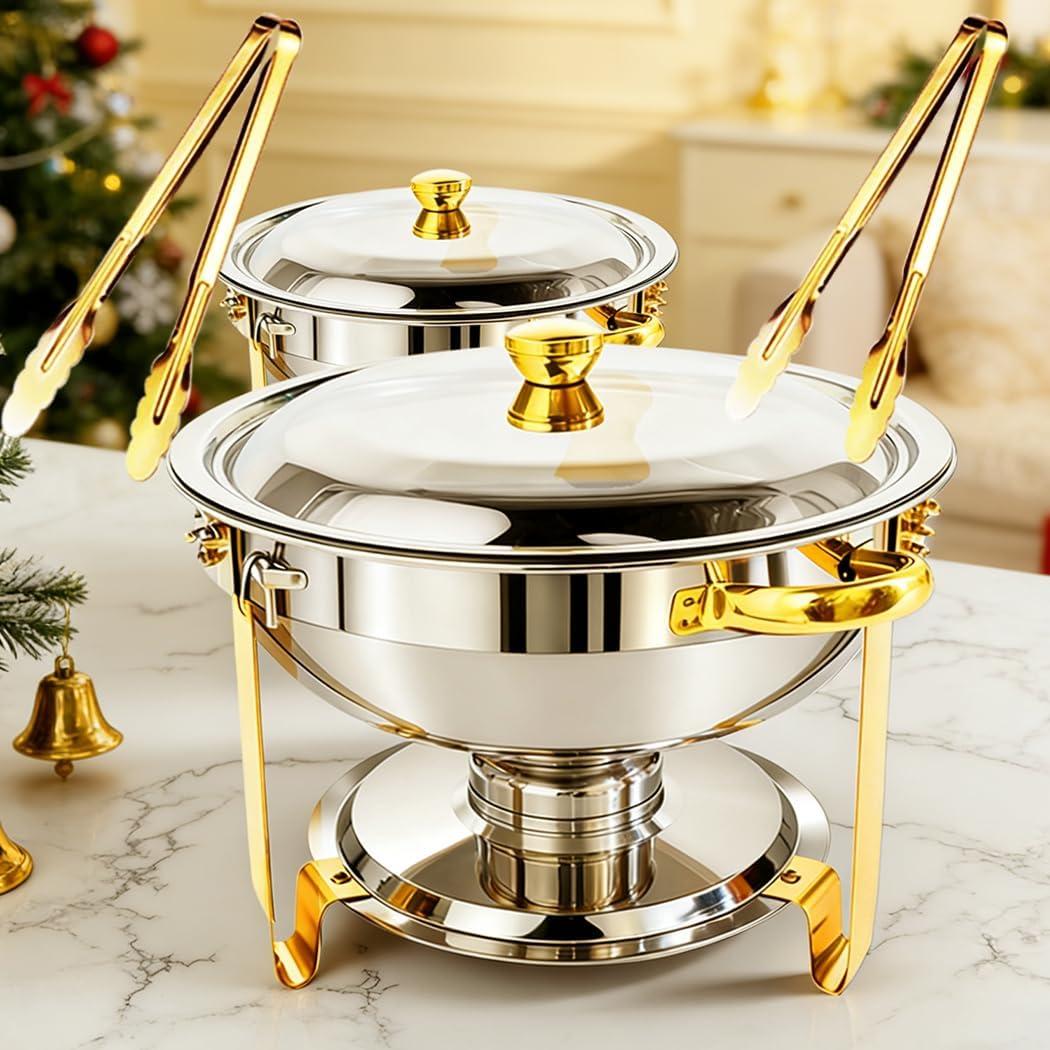 ALSO GO 2 Pack Round Chafing Dishes for Buffet 6QT, Gold Chafing Dishes with 2 Serving Tongs Complete Set, Stainless Steel Buffet Food Warmer for Parties, Catering, Wedding, Christmas