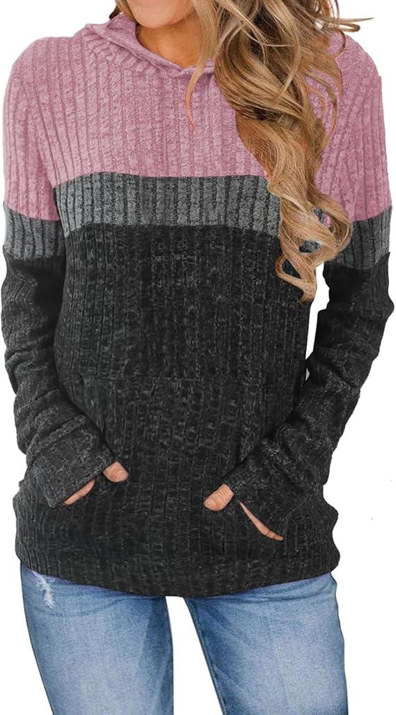 Hoodies Sweaters for Women Casual Long Sleeve Pullover Sweatshirts Color Block Loose Fitting Blouses Fall Fashion Tops, Size XL