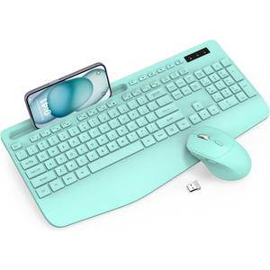Wireless Keyboard and Mouse Combo - Full-Sized Ergonomic Keyboard with Wrist Rest, Phone Holder, Sleep Mode, Silent 2.4GHz Cordless Keyboard Mouse Combo for Computer, Laptop, PC, Mac, Windows (Green) (1 PACK)