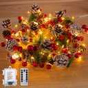 Christmas Pine Lighted Garland Decor, 9.8 Ft 60 LEDs Red Berry Pine Cone Battery Operated Christmas Garland Lights with 8 Modes, Remote Control for Mantle Fireplace Stairs Xmas Tree Indoor Decor