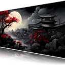 Riverside Full Moon Desk Mat Japanese Desk Pad Black Red Large Mouse Pad Gaming Mousepad Extended XXL Keyboard Pad 31.5 x 11.8 in Laptop Computer Mouse Keyboard Mat for Office Decor