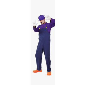Bad Plumber Costume Overall Purple Shirt Hat Mustache Gloves Button for 80s Video Game Cosplay Halloween Standard L