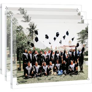 3 Pack Clear Acrylic Frame, Fits 8.5x11, 8x10 Picture or Certificate, No Drill Wall Mounted Photo Frames, Self Adhesive Diploma Frames with Magnetic, Full Frame-9x11.6 Inch
