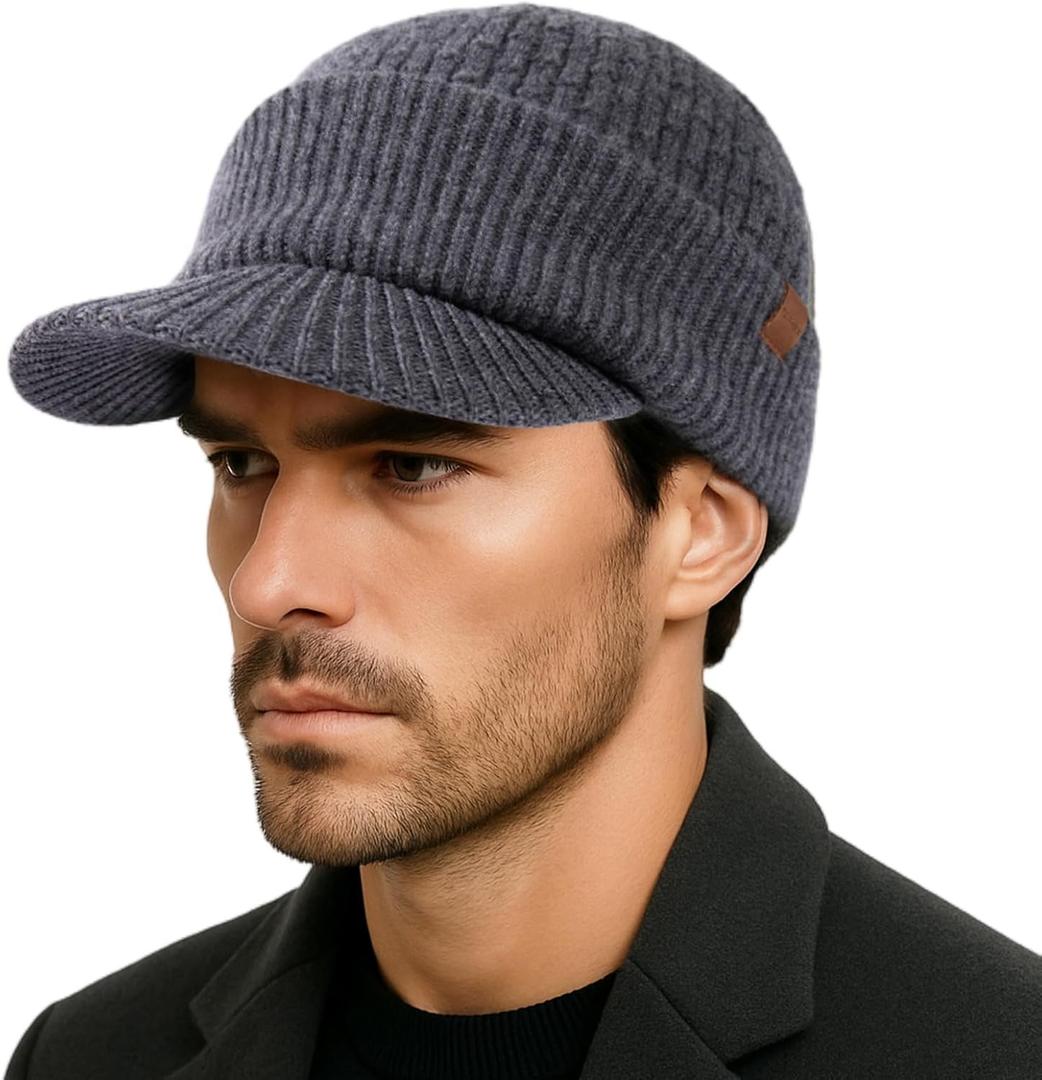 TOP-EX PolarWool 100% Merino Wool Winter Hat for Men Fleece Lined Visor Beanie with Brim Outdoor Knit Cap for Cold Weather (X-Large-XX-Large, Gray)