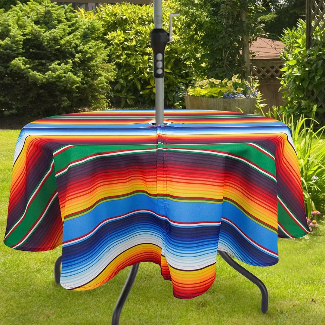 Mexican Strips Outdoor Tablecloth with Umbrella Hole for Oval Table, Waterproof Strip Patio Table Cloth with Zipper - 60 x 102 inches