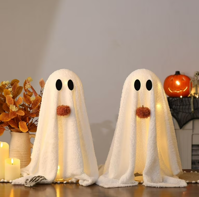 Halloween Decorations-2 Pack Light-Up Sherpa Ghosts with Pumpkin Halloween Decor Indoor Cute Ghost Tabletop Decor for Party Home Kitchen and Fireplace