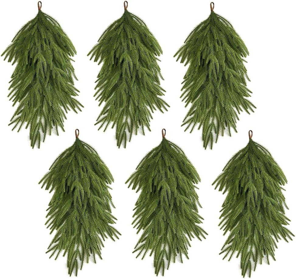 6-Pack Artificial Christmas Teardrop Swag, 25" Faux Norfolk Pine Swag Christmas Greenery Teardrop Wreath for Xmas Door, Mantle, Fireplace, Stairway Indoor Outdoor Holiday Decor