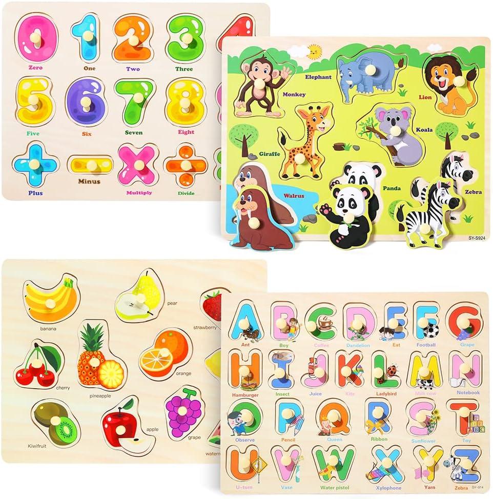 GRINNNIE Wooden Peg Puzzle for Toddlers 3 4 5 Years Old, 4 PCS Montessori Educational Learning Puzzles Set-Numbers, Letters, Animals and Fruits, Great Preschool Gifts for Girls and Boys (26)