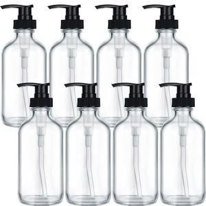 8 Pack Glass Pump Bottles with Black Lotion Pumps 8 oz Refillable Pump Bottles Dispenser Thick Glass Lotion Soap Shampoo Massage Oil Containers Multipurpose for Salon Cosmetic Kitchen Bathroom(Clear)
