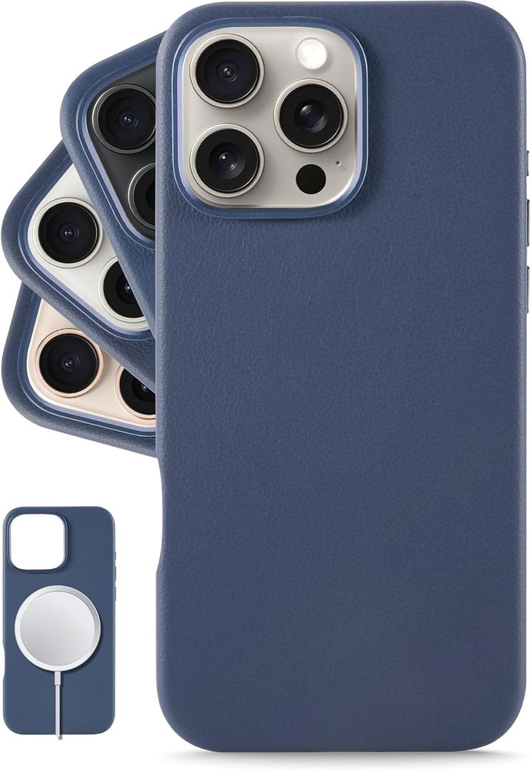 LONLI Classic - for iPhone 16 Pro Max Leather Case - European Genuine Vele Leather Phone Case - Smoothen and Soften Over Time - [Compatible with Magsafe] - Azzurro Blue