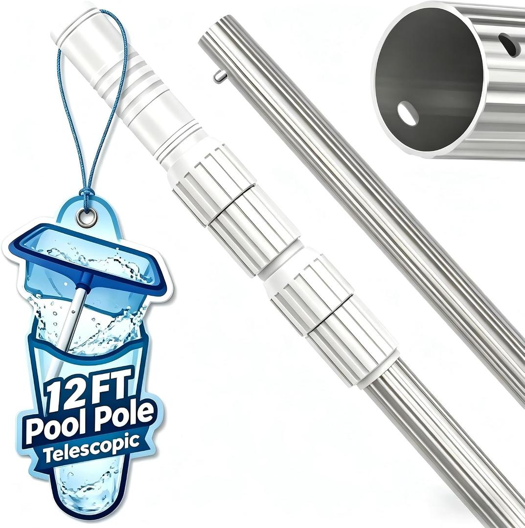 Pool Pole Telescopic, 12 ft Pool Skimmer Pole, Adjustable 3 Piece Aluminum Pool Net Pole, Telescoping Pool Brush Pole, Pool Cleaning Pole, Heavy Duty Swimming Pool Poles