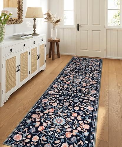OJIA Runners for Hallways 2'x8' Washable Kitchen Rugs Non Slip, Black Floral Long Hallway Rug with Rubber Backing Low Pile Soft Carpet Runner for Kitchen, Laundry, Bedroom, Bathroom
