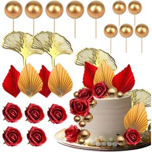 21 Pcs Boho Cake Topper Balloons Cake Topper Rose Red Gold Palm Leaves Cake Decorations for Wedding Baby Shower Birthday Party Anniversary Supplies