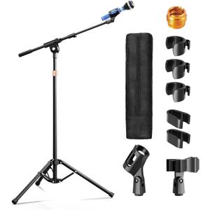 Mic Stand with Boom Arm, Heavy Duty Tripod Microphone Stand Floor Holder Height Adjustable with Carrying Bag and 2 Mics Clips for Singing Performance, Home Studio Recording, Podcast and Stage