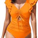 Sovoyontee Women's Ruffle One Piece Swimsuit Tummy Control Bathing Suits Drawstring Cutout V Neck Swimwear (Green, S)