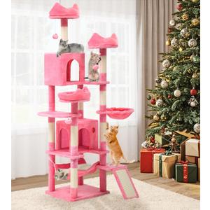 YITAHOME Tall Cat Tree for Indoor Cats, 75 inch Multi-Level Cat Tower with Cat Condos, Top Perches, Sisal Ramp Scratching Posts, Cozy Basket, Hammocks, Large Cat Pet Activity Structure,Pink