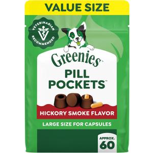 Greenies Pill Pockets for Dogs Large Size, Dog Treat Pouch for Capsule Medication, Hickory Smoke Flavor, 15.8 oz. Pouch (EXP 05/03/27)