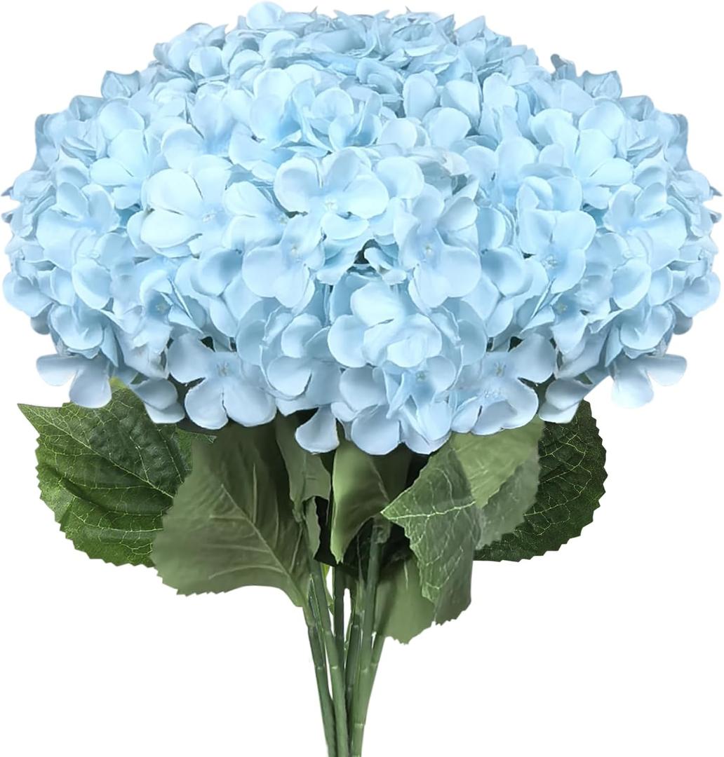 6 PCS Artificial Hydrangea Flowers, Faux Silk Hydrangea with Long Stems, Home Wedding Decor, Table Centerpieces, Party Decorations(Light Blue)