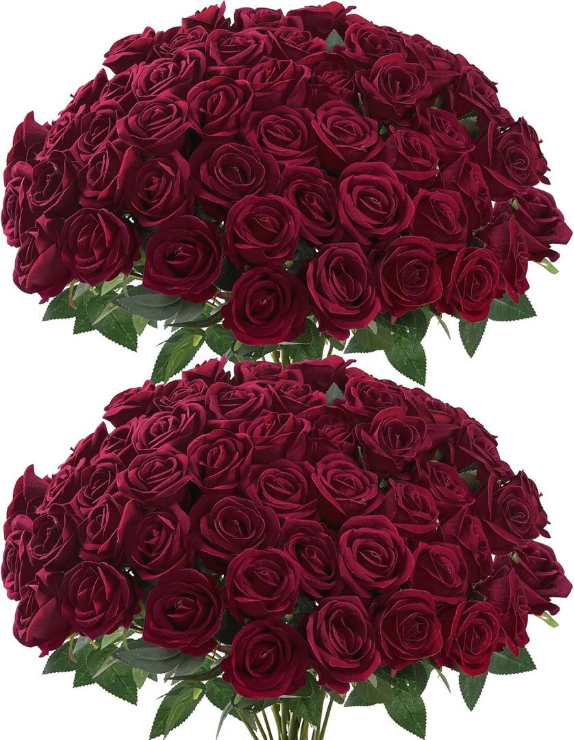 Sggvecsy 50 Pcs Artificial Roses Red Flowers Fake Velvet Silk Roses with Stems Bulk Realistic Faux Flowers for Bridal Bouquets Wedding Centerpieces Valentines Day DIY Home Decor (Burgundy)