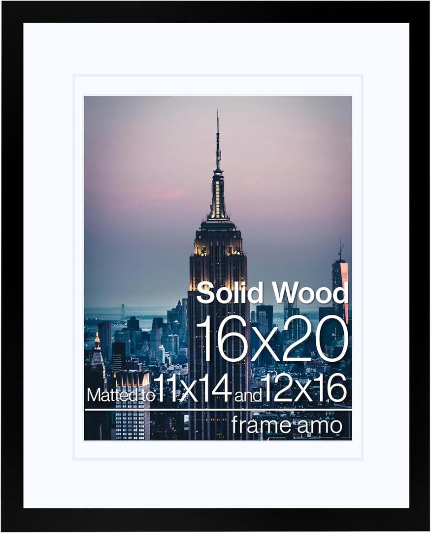 Frame Amo 16x20 Black Solid Wood Poster Frame, White Multi Mat for 11x14 and 12x16 Image, 1 inch Wide, Acrylic Front