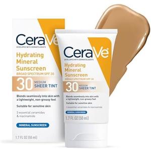 CeraVe Hydrating Mineral Sunscreen SPF 30 with Sheer Tint, Tinted Mineral Sunscreen with Zinc Oxide & Titanium Dioxide, Blends Seamlessly For Healthy Glow, Medium, 1.7 Fluid Ounce