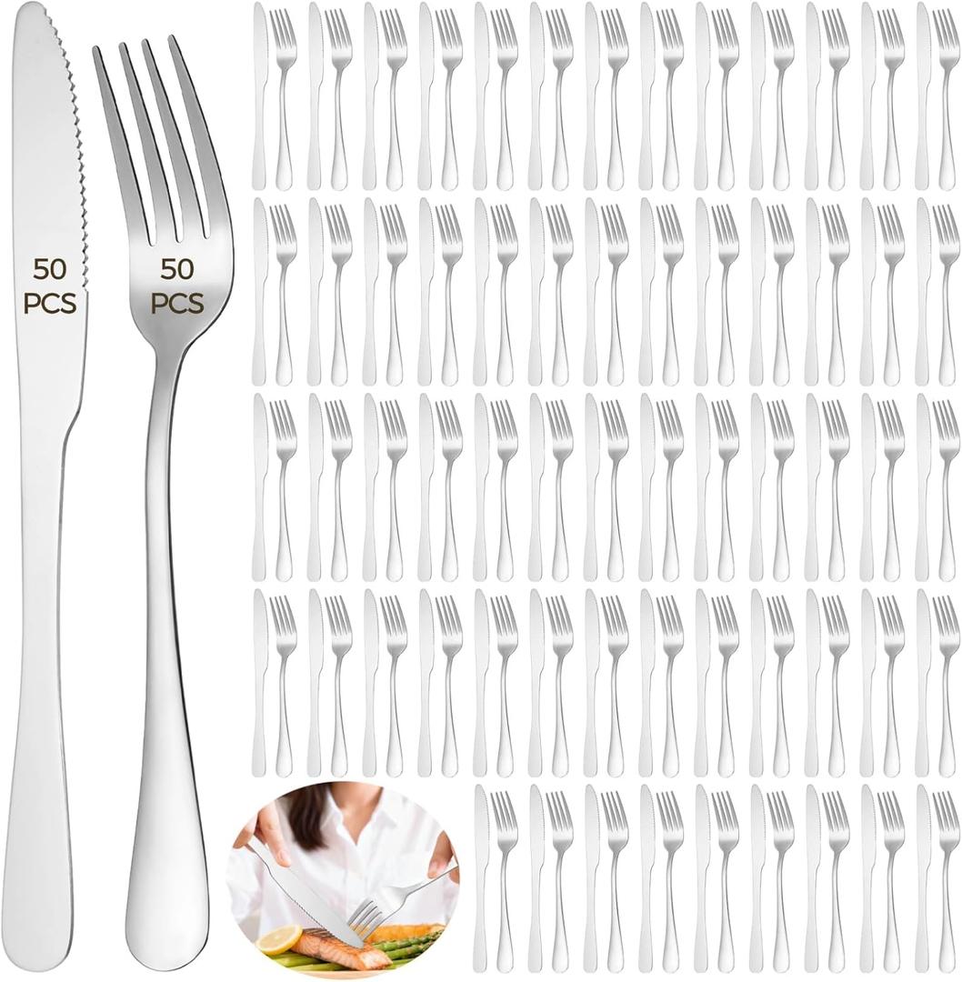 100 Pcs Silverware Set - Includes 50 Forks and 50 Knives - Stainless Steel Forks and Knives Flatware Tableware Cutlery Set for Wedding Dinner Party Restaurant Holiday Party
