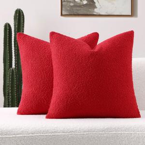 FUTEI Pack of 2 Red Decorative Throw Pillow Covers 20x20 Inch Soft Cozy Solid Boucle Textured Cushion Case, Modern Home Decor for Couch Bed Living Room