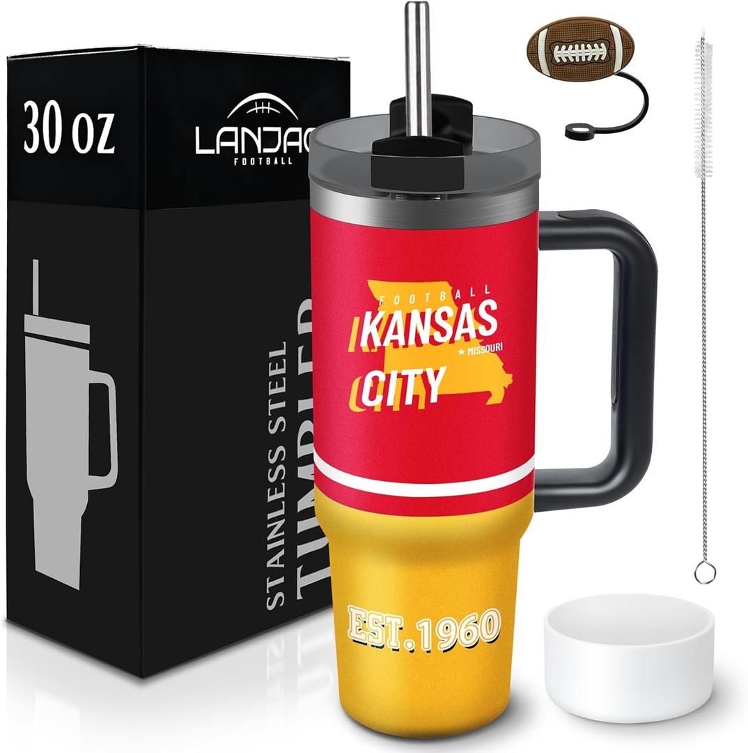 LANJAO Tumbler 30oz Straight Skinny Portable Handle Car Cups With Anti slip Sleeve Straw Dust Cover, Sports Travel, Stainless Steel Insulated Gifts for Men Women Fans (Kansas City)