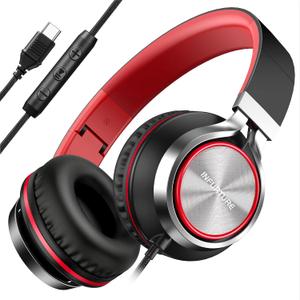 INFURTURE USB C Headphones Wired with Mic & Volume Control, Noise Isolating Over-Ear Headphones, Tangle-Free Plaiting Line, Foldable Headphone for School/Travel/iPad,Tablet,iPhone 17/16/15
