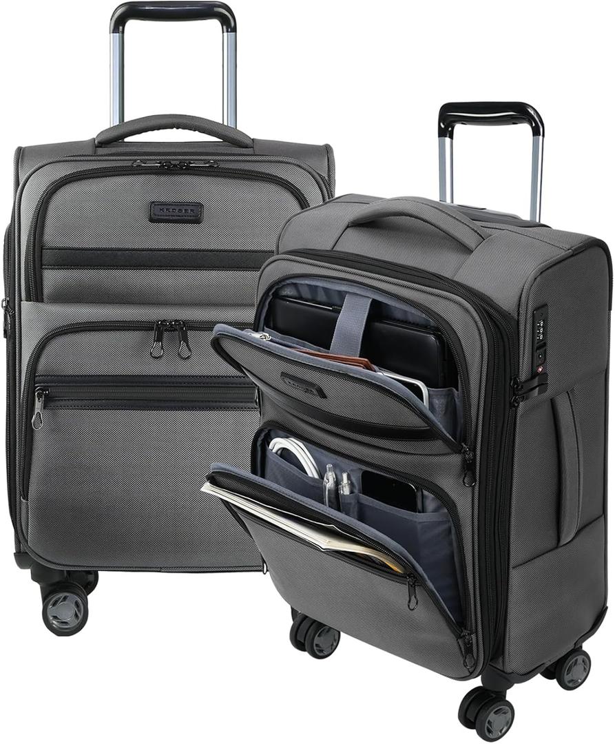KROSER Softside Expandable Carry On Luggage with Front Business Pockets20 Inch Suitcases with Spinner Wheels & Built-in TSA Lock, Durable Suitcase Rolling Luggage with USB Port, Grey