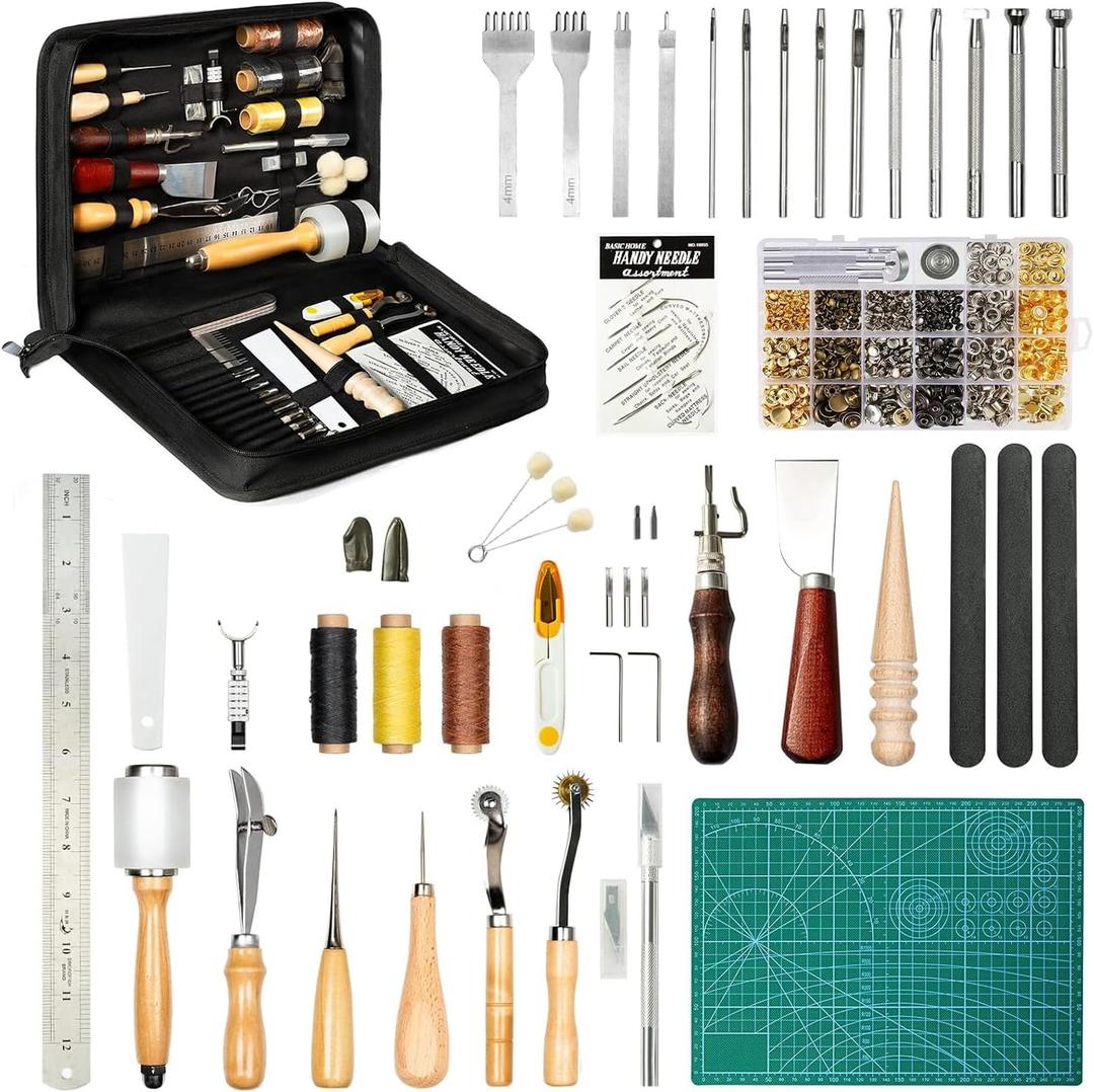 FifthQuarter Leather Tooling Kit: 458 Pcs Essential Leather Working Tools and Supplies for Starter with Guide Craft Tool Kits with Organizer for Stamping | Cutting | Stitching | Carving