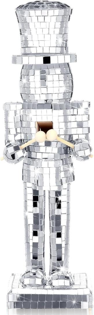 Hungdao Disco Christmas Decoration Mirror Nutcracker Ornament 10 Inch Silver Retro Nutcracker Soldier Christmas Decoration Wooden Decor for Table Decor Holidays Dinner Party Supplies Figure Puppet