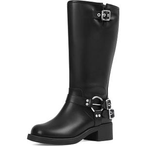 AMINUGAL Black Wide Calf Knee High Boots for Women Square Toe Pull On Chunky Buckle Moto Boots Rivet Vintage Y2K Motorcycle Horse Riding Biker Casual Fashion Festival Renaissance Combat Rave Size 9