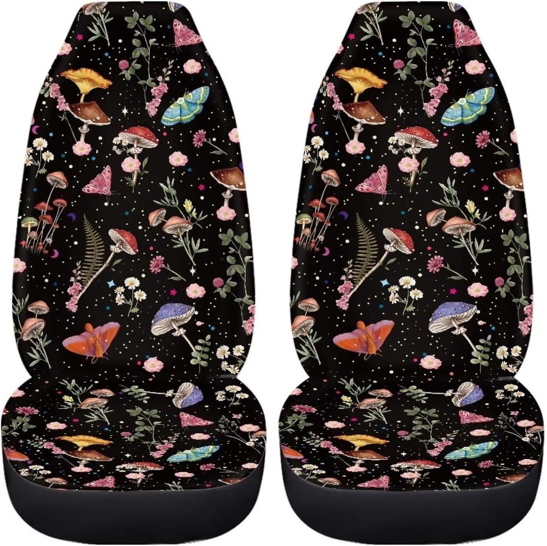 Cottagecore Mushroom Moth Wild Starry Print 2 Pieces Car Seat Covers for Front Seat Universal Fit Most Truck SUV Van Boho Car Accessories Auto Interior Decor for Women's Vehicle