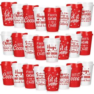 Tioncy Hot Cocoa Chocolate Bar Supplies Winter Reusable Coffee Cups Gift 16 oz with Lids Plastic Cups Travel Coffee Mug Thank You Gifts for Winter(24 Pcs, Hot Chocolate, 3.544.722.17 Inches)