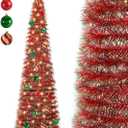 SINTENILL 5 FT Pop Up Christmas Tree with Timer Lights and Decorations, Red Tinsel Artificial Christmas Tree with 24 Balls Ornaments, Collapsible Pencil Tree for Xmas Home Office Party Decor (Red - Green Edges)