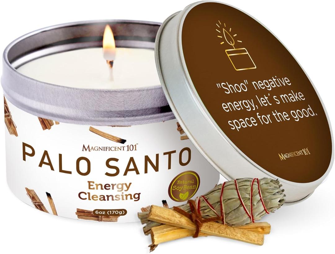 Magnificent 101 Long Lasting Palo Santo Smudge Candle | 6 Oz - 35-Hour Burn | Essential Oils, 100% Natural Ingredients | Smoke Free, Petroleum Free Candle to Cleanse Your Home (Medium)