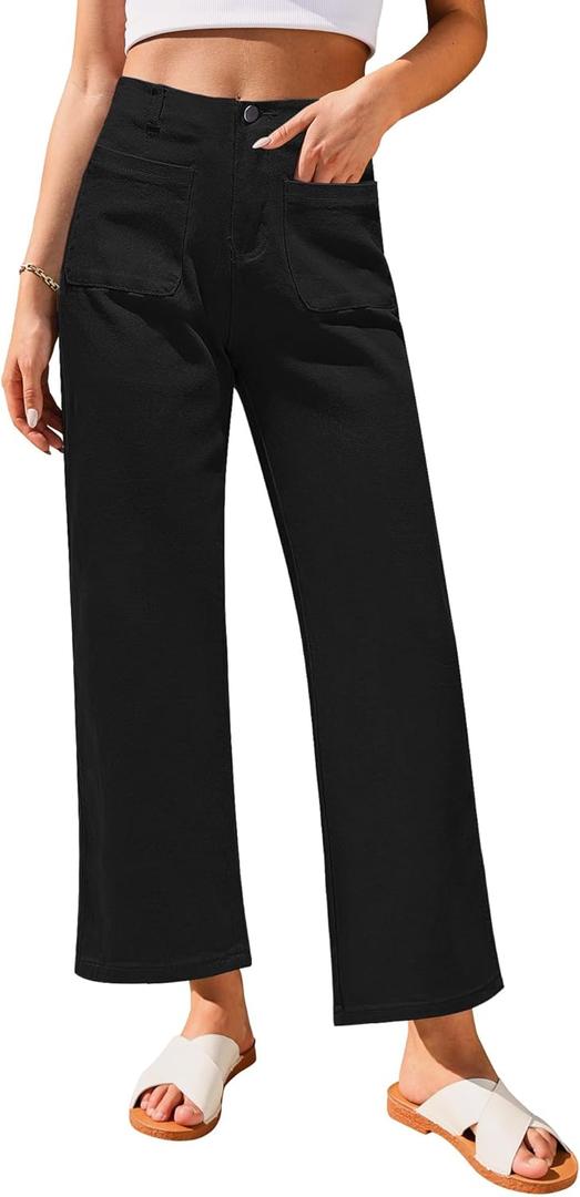 GRAPENT Wide Leg Jeans for Women High Waisted Straight Leg Stretchy Cropped Denim Pants with Pockets Jean Trousers (Large, True Black)