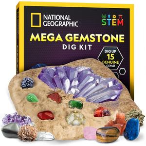 NATIONAL GEOGRAPHIC Mega Gemstone Dig Kit  Dig Up 15 Real Gemstones and Crystals, Science Kit for Kids, Gem Digging Kit, Gift for Girls and Boys, Mining Kit, Rock Collection
