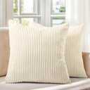 Pack of 2 Cream Corduroy Decorative Throw Pillow Covers 16x16 Inch Striped Spring Cushion Covers Cozy Boho Pillowcase Farmhouse Home Decor Soft Accent Cushion Case for Couch Sofa Bed 40x40 cm