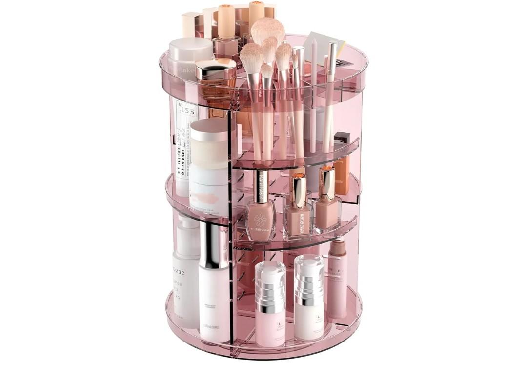 Jiavarry 360 Rotating Makeup Organizer with Lipstick Slots, 8 Adjustable Layers Spinning Skincare Organizers, Large Capacity Desk Storage, Carousel Cosmetic Shelf for Vanity Bathroom Countertop