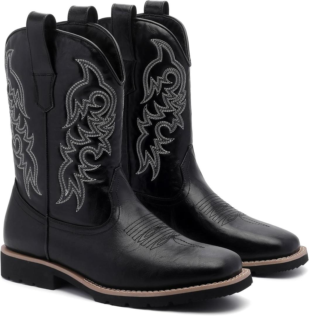 Men's Cowboy Boots, Wide Square Toe Western Boots with Classic Embroidery, Lightweight Boots with Side Zipper Holes, Slip-Resistant Durable Retro Boots for Rodeo, Farm, Gifts, Size 14