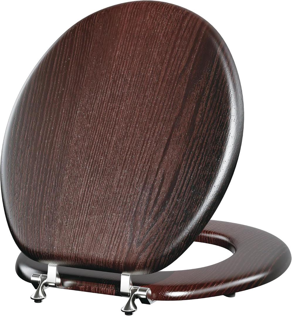Round Wood Toilet Seat Support 400 lbs, Heavy Duty Wooden Toilet Seat with Natural Wood Veneer for Bathroom, Dark Walnut Toilet Lid with Chrome Hinges, Grip-Tight Bumpers, Easy Clean, Easy Install